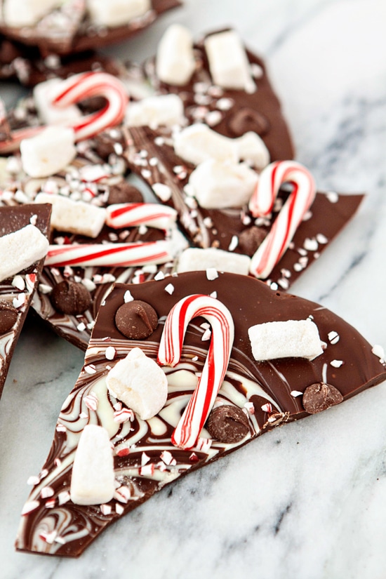 chocolate peppermint bark on marble countertop