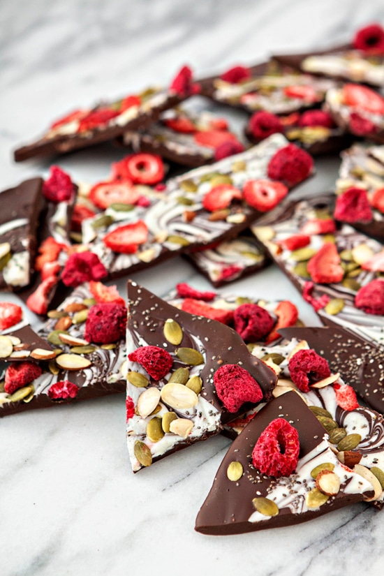 Bittersweet Chocolate Swirl Fruit and Nut Bark - Super Foods Bark for Homemade Holiday Gifting