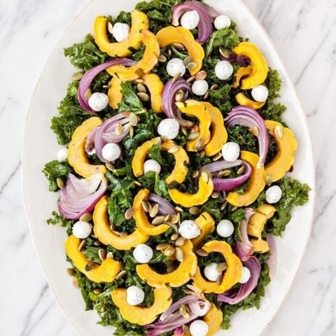 Massaged Kale Salad with Roasted Squash, Goat Cheese, and Pepitas