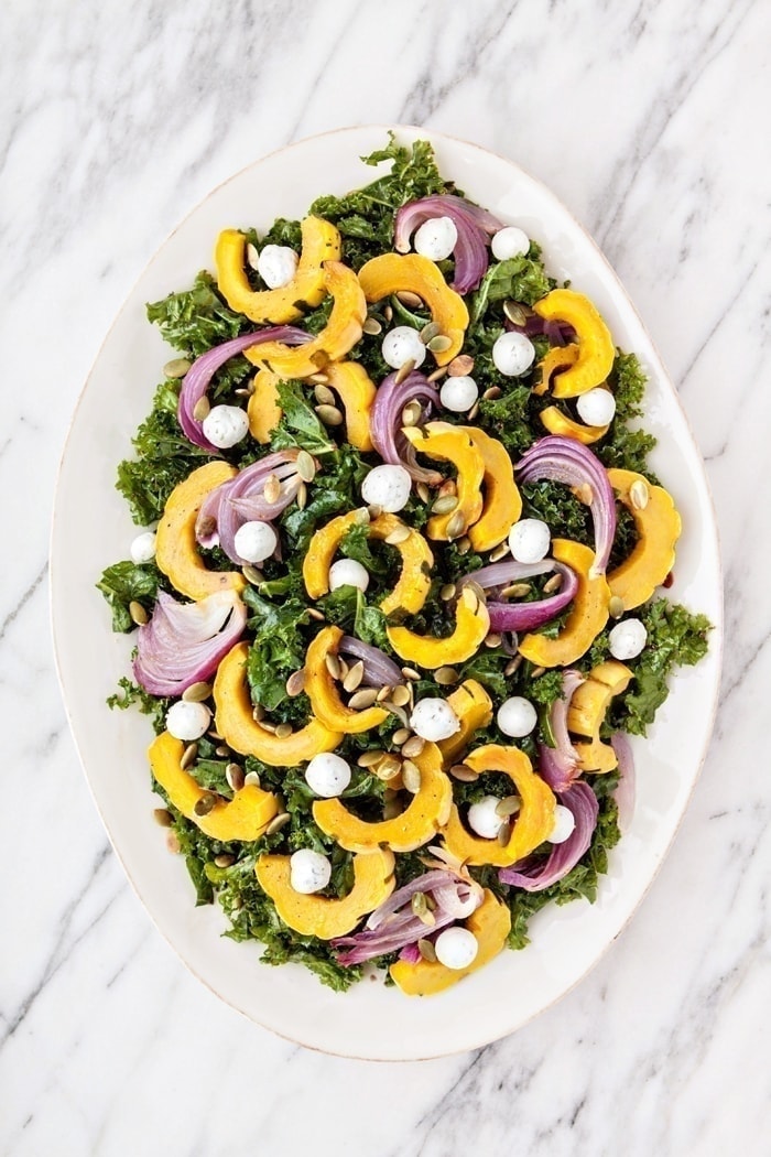 Massaged Kale Salad with Roasted Squash, Goat Cheese, and Pepitas