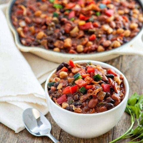 Slow Cooker Baked Bean Trio with Bacon and Peppers