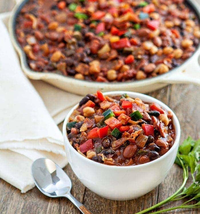 Slow Cooker Baked Bean Trio with Bacon and Peppers