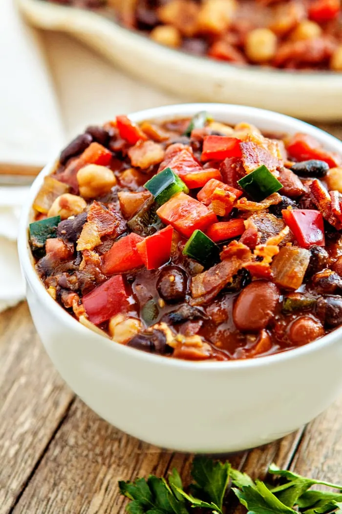Slow Cooker Baked Bean Trio with Bacon and Peppers