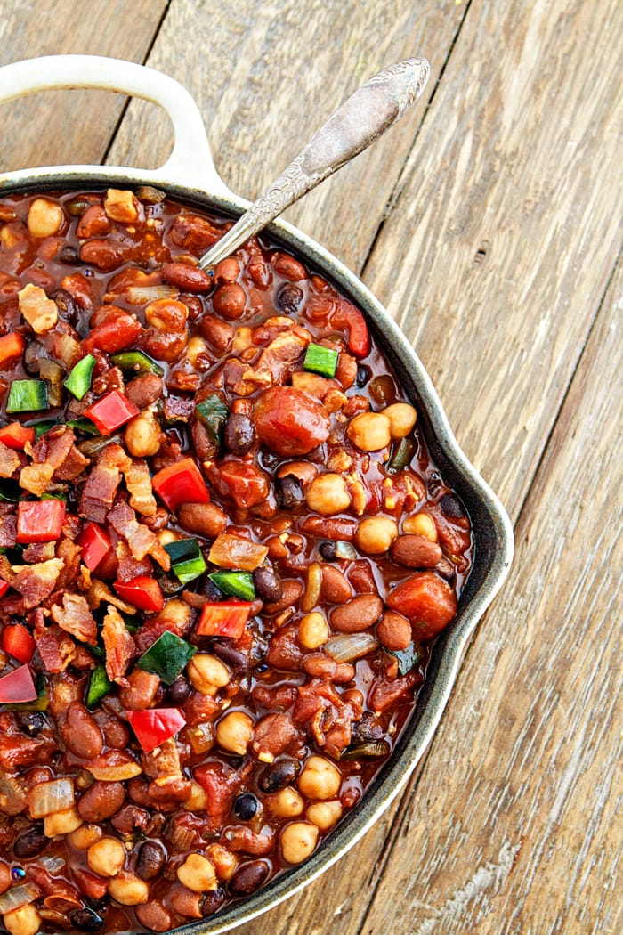 Slow Cooker Baked Bean Trio with Bacon and Peppers