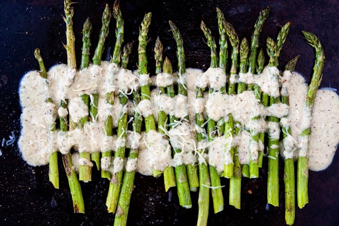 roasted asparagus with lemon walnut dressing