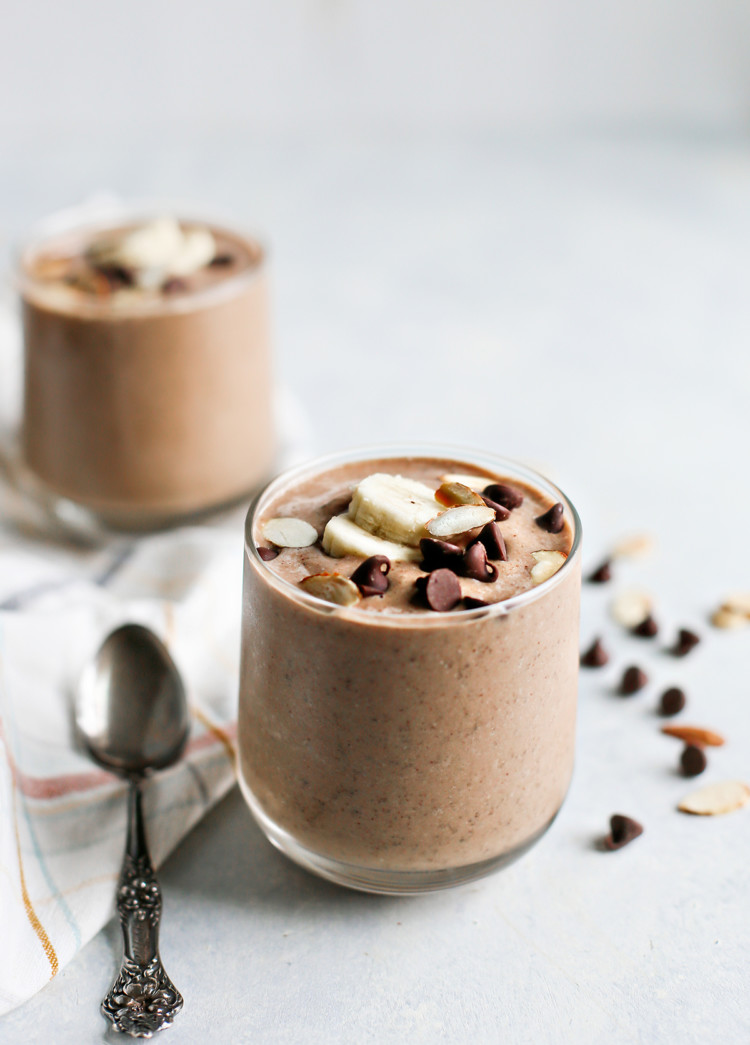 glass of banana chocolate smoothie