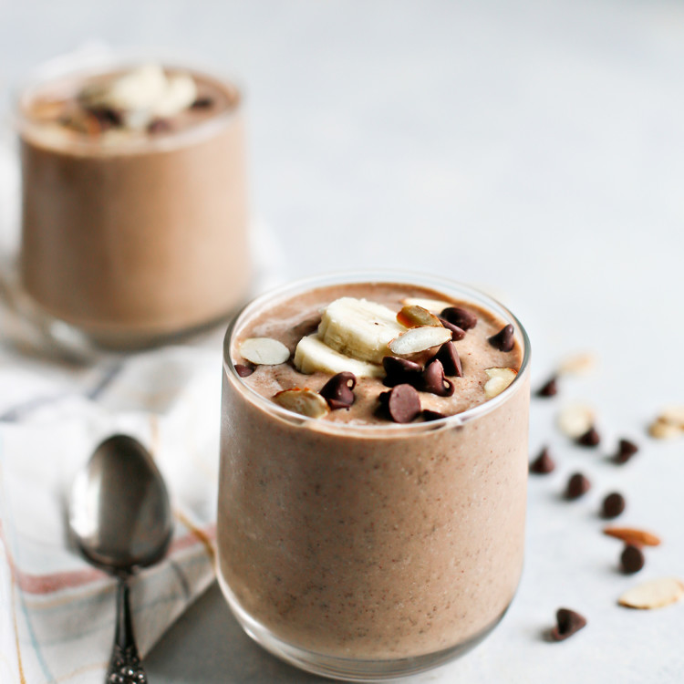 glass of banana chocolate smoothie