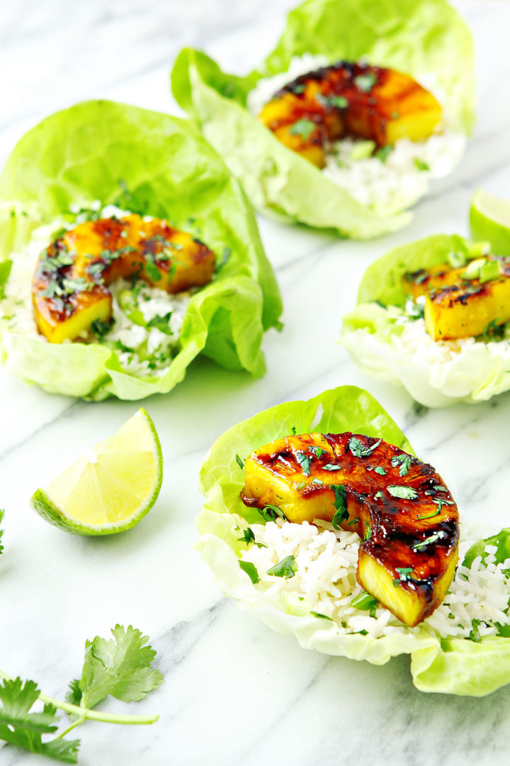 photo of grilled pineapple with brown sugar glaze with rice