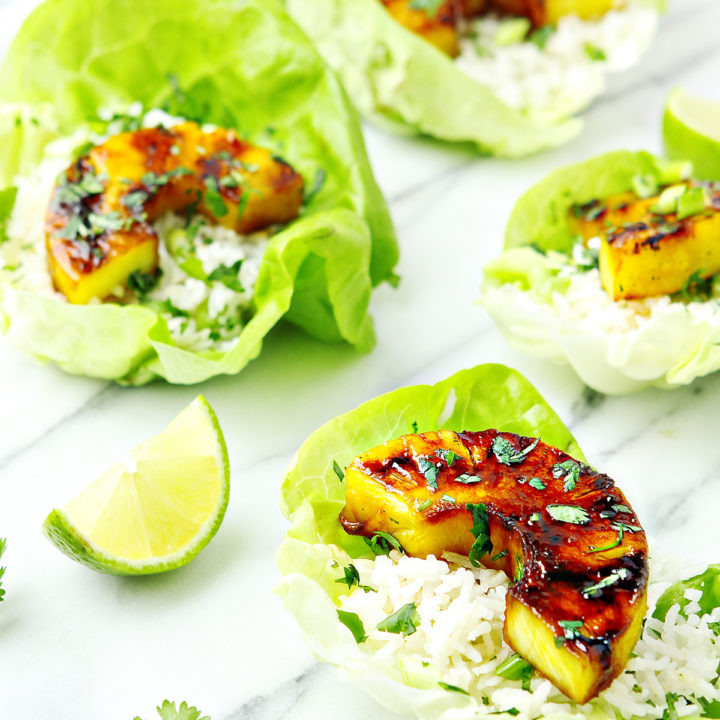 photo of grilled pineapple with brown sugar glaze with rice