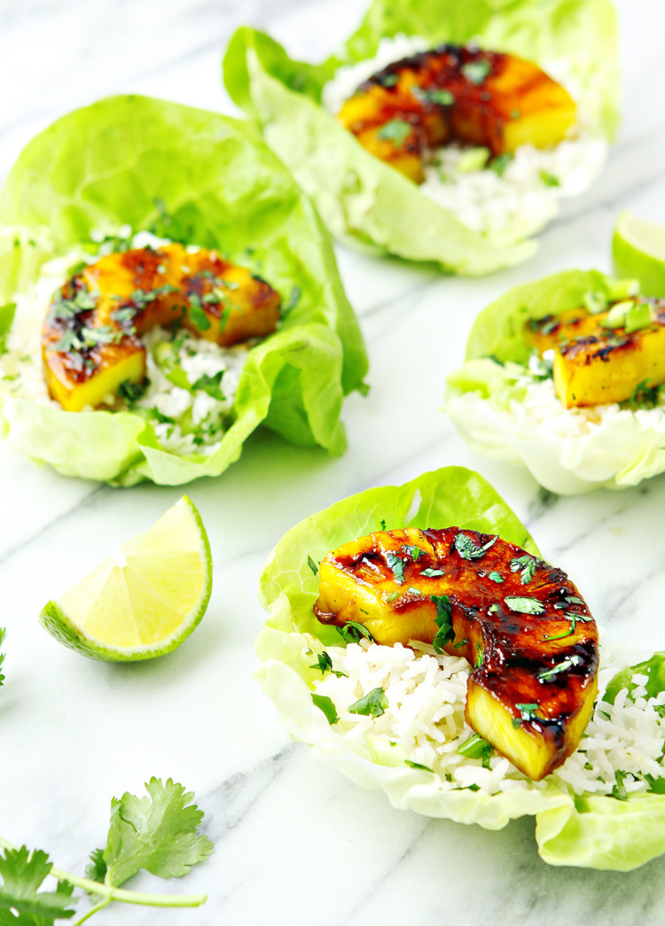 photo of grilled pineapple with brown sugar glaze with rice