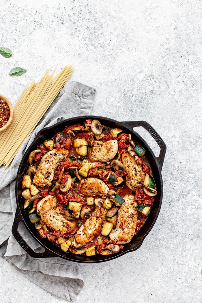 cast iron skillet with chicken