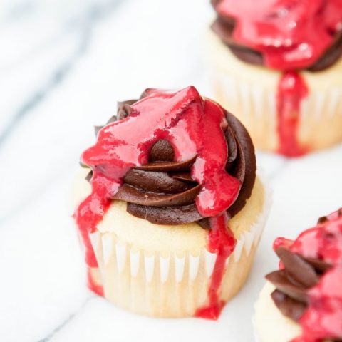 Vanilla Cupcakes with Chocolate Buttercream and Fresh Raspberry Sauce