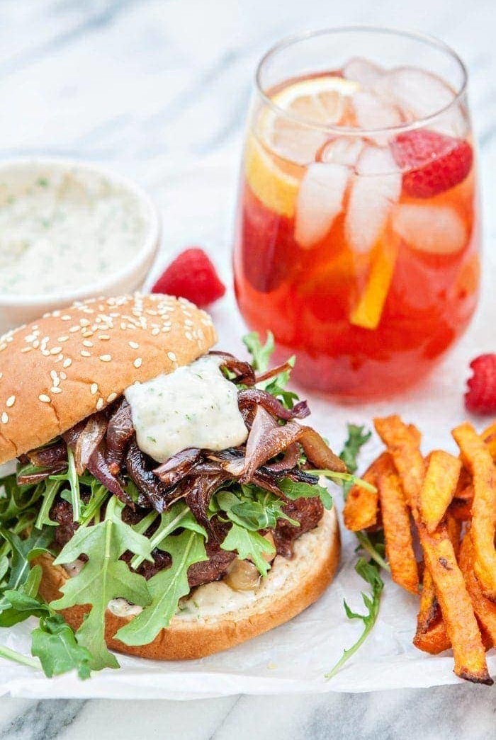 Gouda Stuffed Burgers with Horseradish Aioli and Caramelized Onions