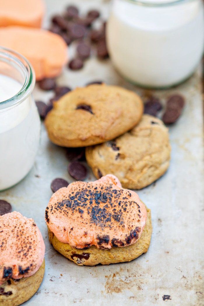 Close up view of pumpkin puree cookies topped with toasted marshmallows, next to plain cookies and a glass of milk. 