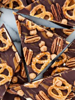 Dark Chocolate Turtle Pretzel Bark