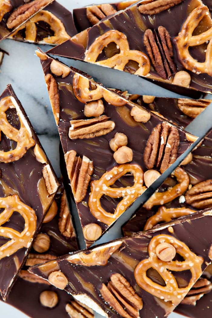 Dark Chocolate Turtle Pretzel Bark Recipe | Good Life Eats