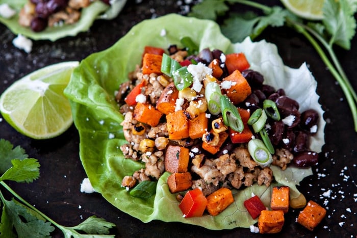 black bean, sweet potato and chicken lettuce wraps