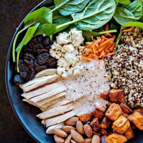 Winter Spinach Chicken Salad Quinoa Bowl with Creamy Almond White Balsamic Dressing