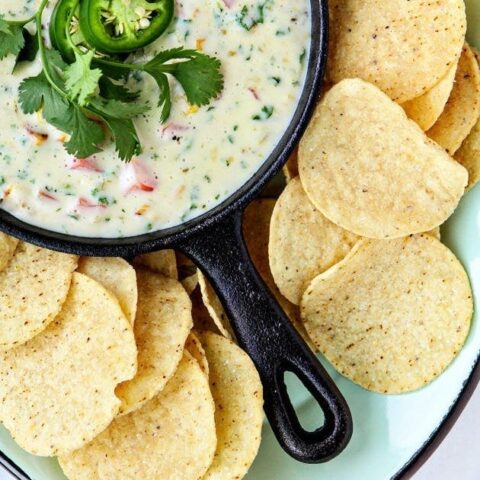 Queso Blanco Dip with Roasted Corn, Kale, and Tomatoes
