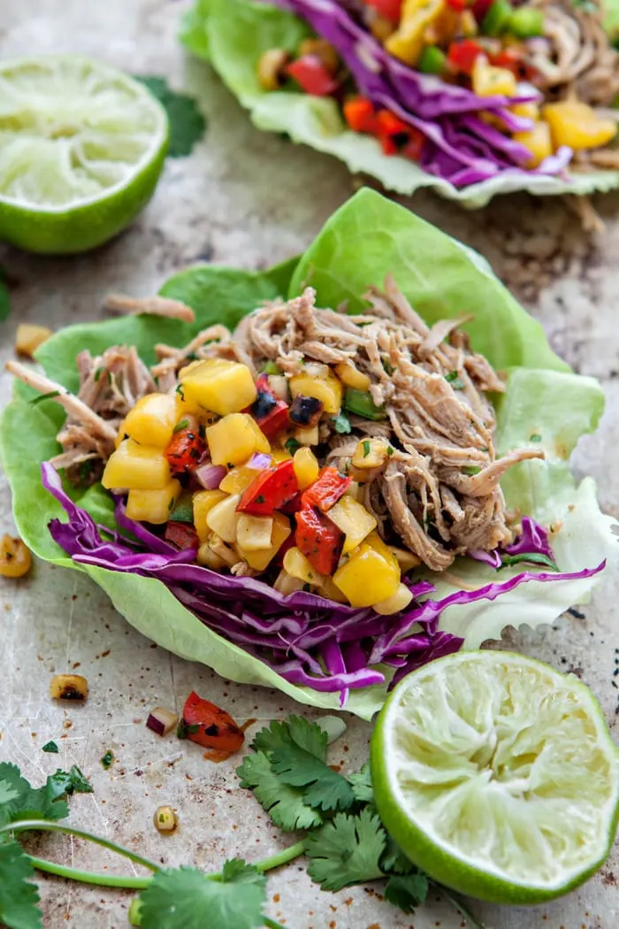 Slow Cooker Pork Carnitas Lettuce Wraps with Mango Salsa photos