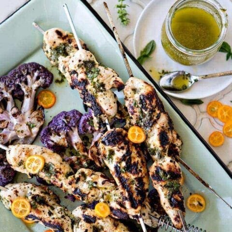 Basil Kumquat Grilled Chicken Skewers with Cauliflower Steaks photo