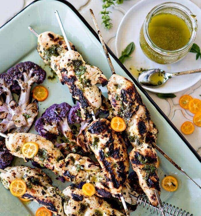 Basil Kumquat Grilled Chicken Skewers with Cauliflower Steaks photo