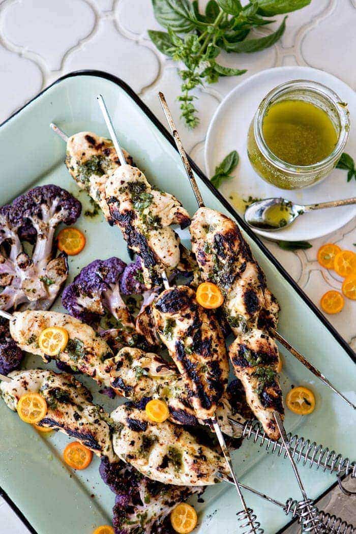 Basil Kumquat Grilled Chicken Skewers with Cauliflower Steaks photo