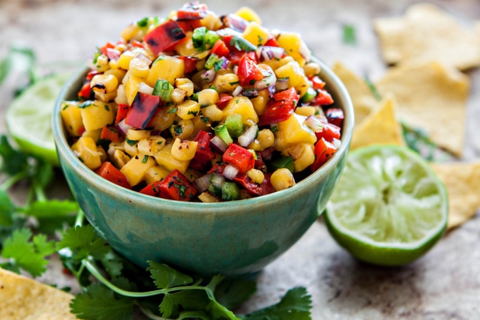 Mango Salsa with Grilled Corn and Blistered Red Peppers 