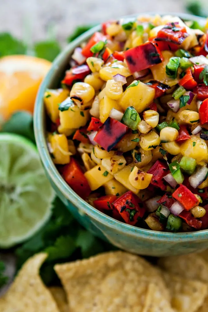 Mango Salsa with Grilled Corn and Blistered Red Peppers