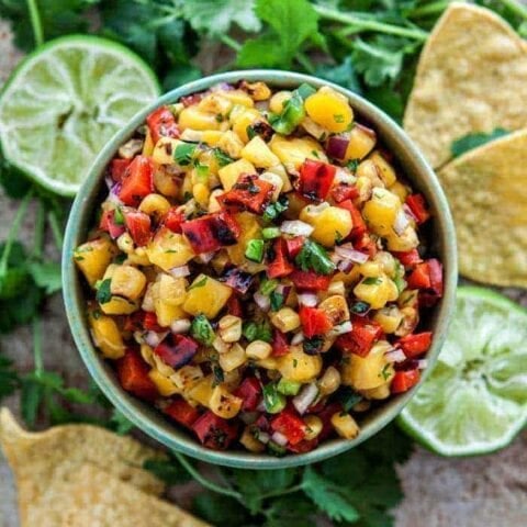 Mango Salsa with Grilled Corn and Blistered Red Peppers