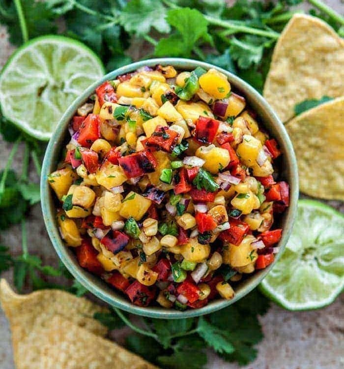 Mango Salsa with Grilled Corn and Blistered Red Peppers