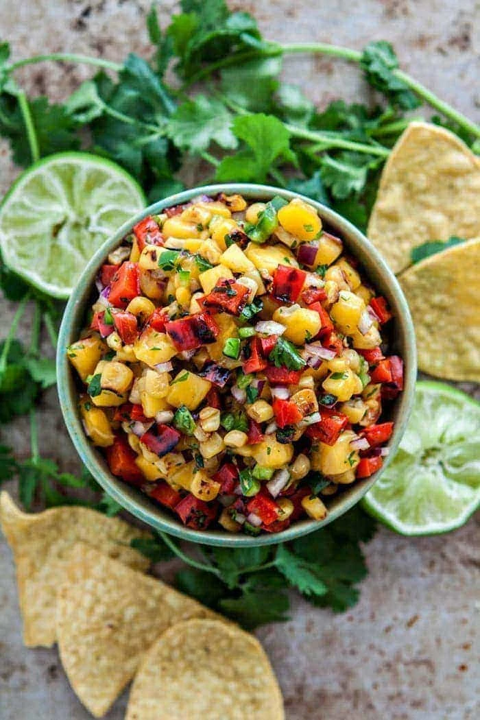Mango Salsa with Grilled Corn and Blistered Red Peppers