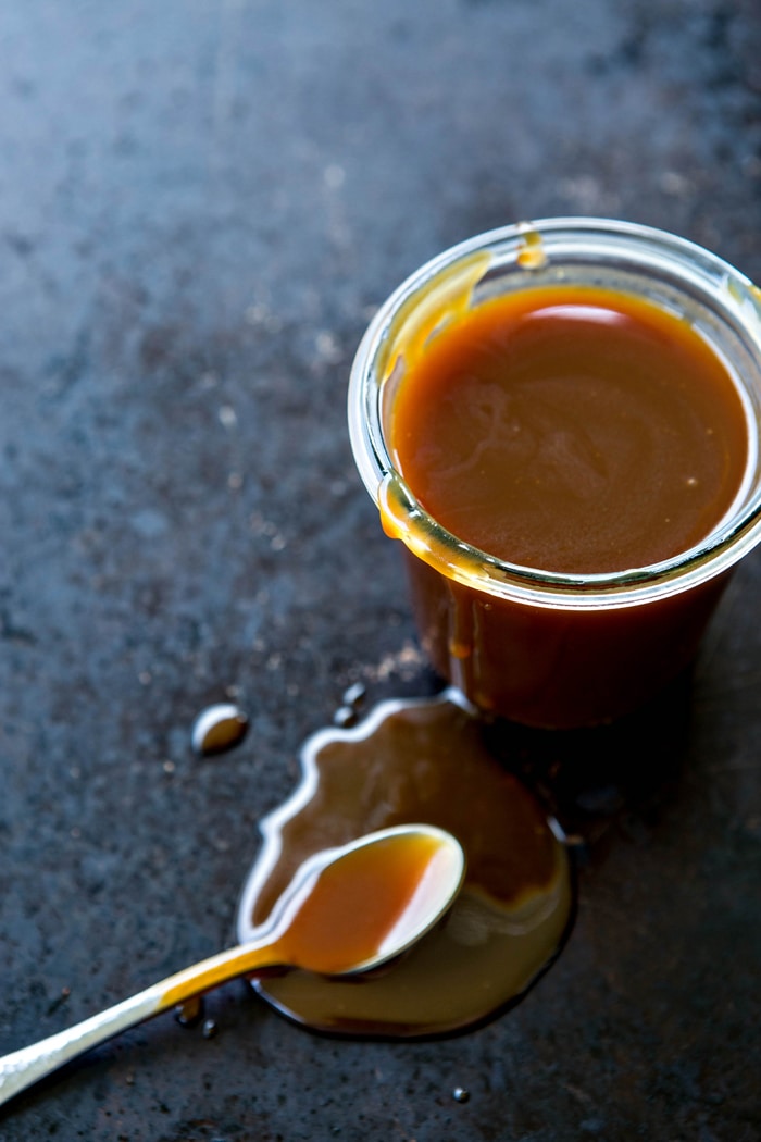 a jar of vanilla bourbon caramel sauce