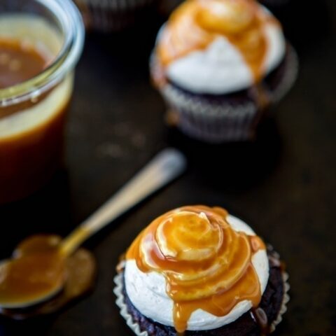 Dark Chocolate Cupcakes with Salted Caramel Buttercream and Caramel Glaze recipe and photo