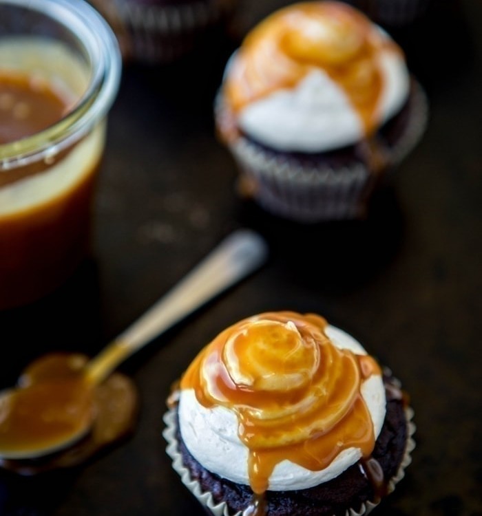 Dark Chocolate Cupcakes with Salted Caramel Buttercream and Caramel Glaze recipe and photo