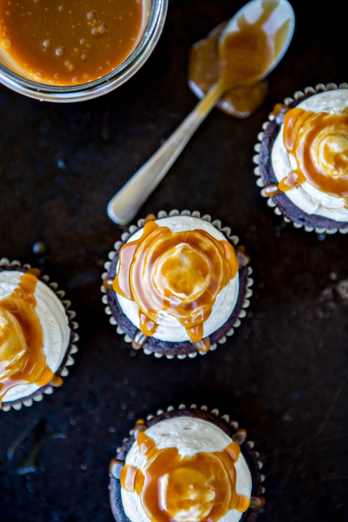 dark chocolate cupcakes topped with salted caramel buttercream frosting