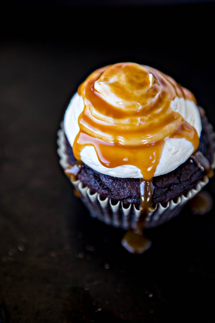 dark chocolate cupcake topped with salted caramel buttercream frosting