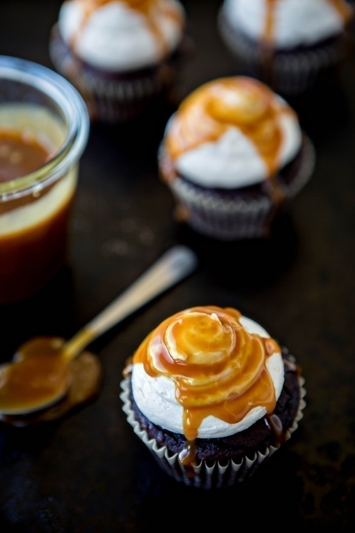 dark chocolate cupcakes topped with salted caramel buttercream frosting