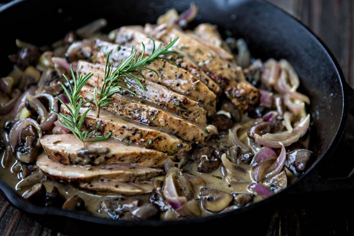 sliced roast pork marsala with creamy mushroom marsala sauce