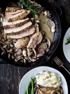 Roasted Pork with Mushrooms in a Creamy Roasted Garlic Rosemary Marsala Sauce