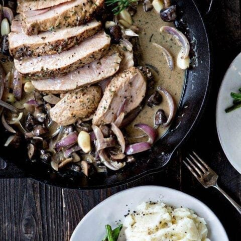 Roasted Pork with Mushrooms in a Creamy Roasted Garlic Rosemary Marsala Sauce