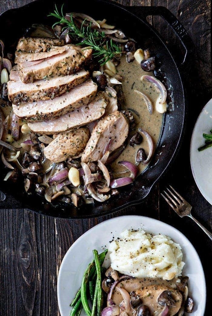 Roasted Pork with Mushrooms in a Creamy Roasted Garlic Rosemary Marsala Sauce