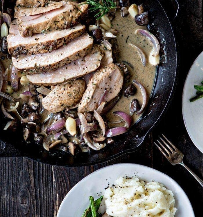 Roasted Pork with Mushrooms in a Creamy Roasted Garlic Rosemary Marsala Sauce