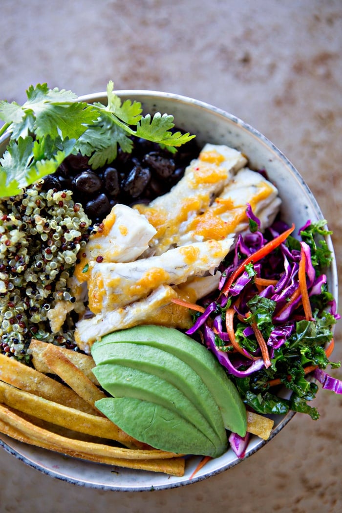 Fish Taco Quinoa Bowls with Cilantro Lime Kale Slaw recipe