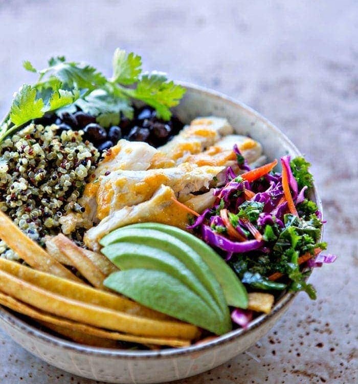 Fish Taco Quinoa Bowls with Cilantro Lime Kale Slaw recipe