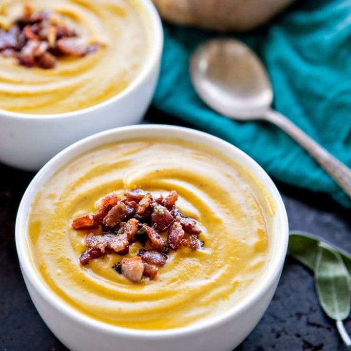 Recipe for Roasted Butternut Squash Soup with Bacon and Sage - perfect fall soup recipe