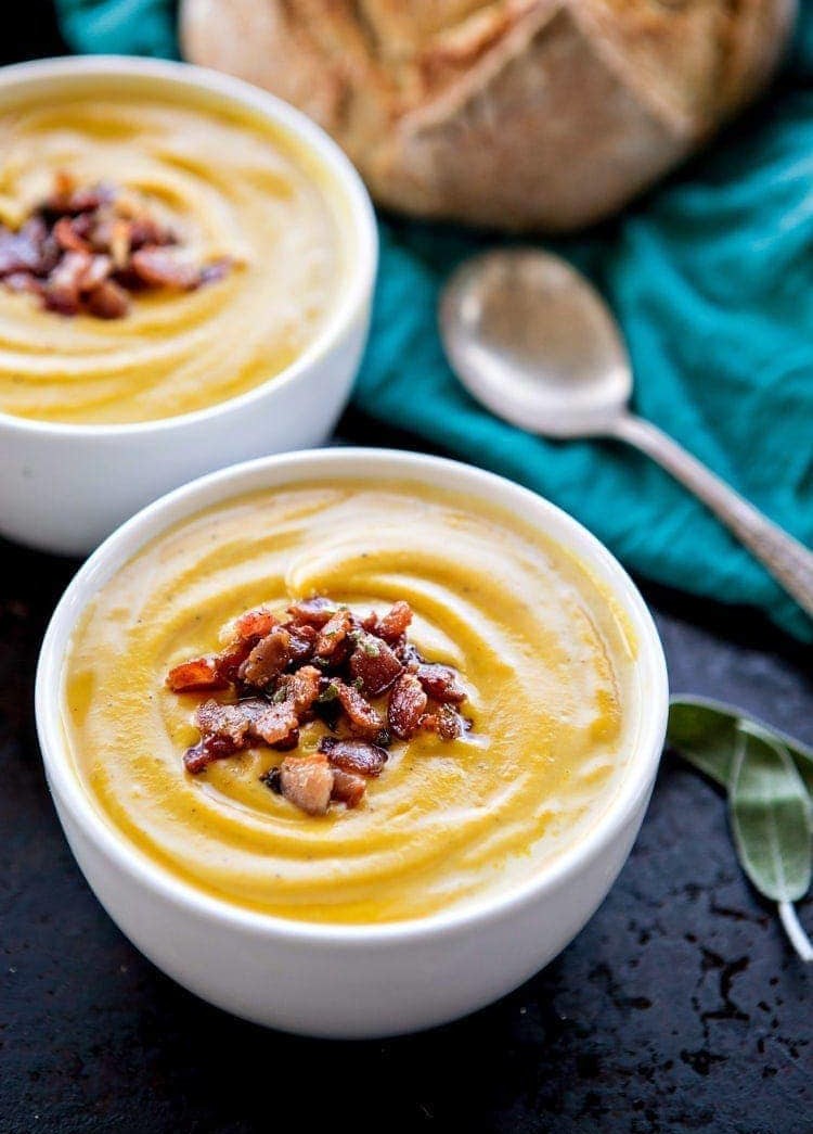 Recipe for Roasted Butternut Squash Soup with Bacon and Sage - perfect fall soup recipe