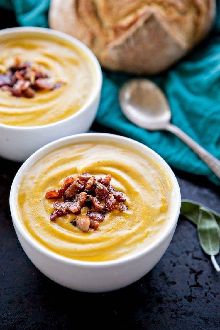 Recipe for Roasted Butternut Squash Soup with Bacon and Sage - perfect fall soup recipe