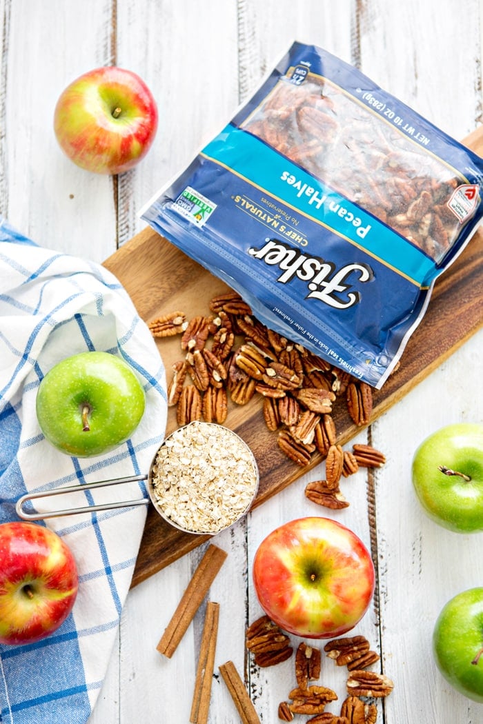 apple crisp with oatmeal topping ingredients on table