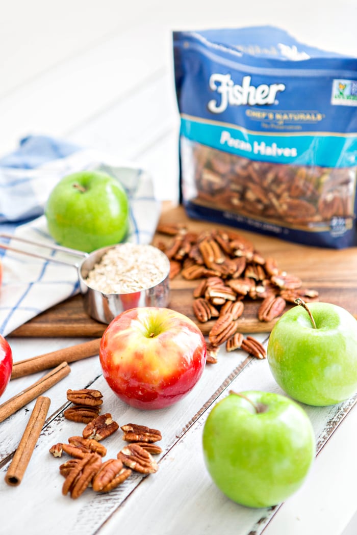 homemade apple crisp ingredients on wood table